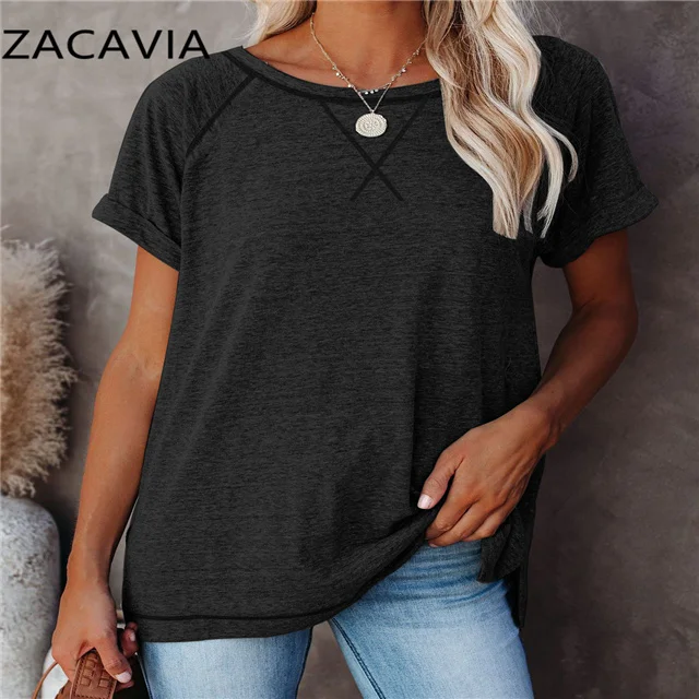 

Ladies T-shirt Free Shipping Zacavia 2021 Women's Summer T-shirt Hot Sale Women's Solid Color Short Sleeve T-shirt, Picture showed