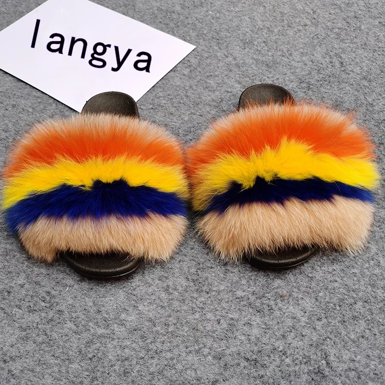 

Best price high quality fox handbag genuine furcharm slippers with logo top raccoon fur slides, Customized color