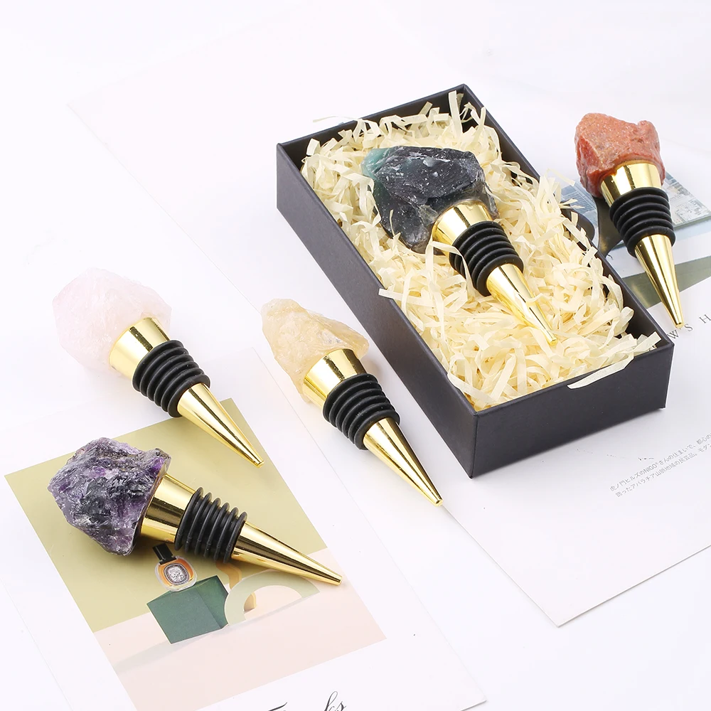 

custom box with logo natural raw druzy agate stone healing crystal wine stopper,rose amethyst vacuum wine stopper for gift, As picture