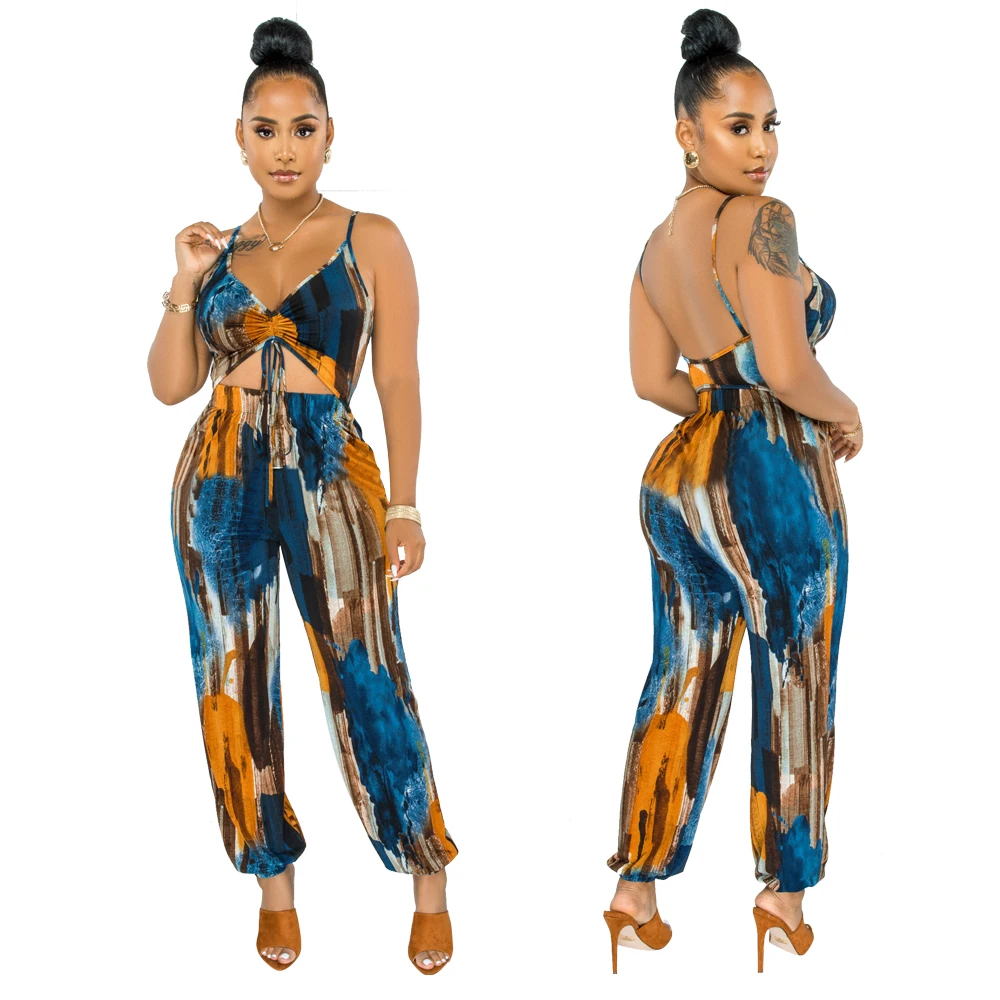 

New Trend Casual Deep V Neck Hollow Out Tie Dye Milk Silk Fabric Sling Jumpsuits Women Bodysuit Sexy Jumpsuit, Customized color