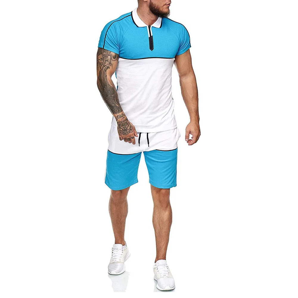 

Wholesale Sportswear Fashion 2 Pieces Contrast Men Summer Shorts And Shirt Set, 5colors in stock