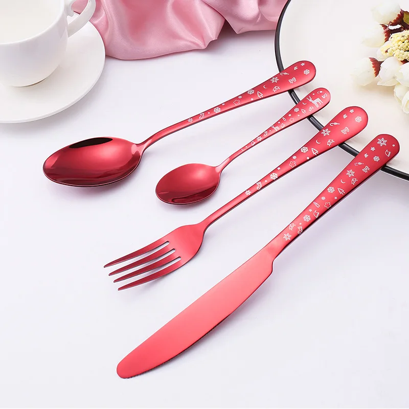 

Free LOGO Christmas Reusable Cutlery Set Stainless Steel Spoon Fork Knife Creative Red Flatware Set for Christmas gift, Red /green