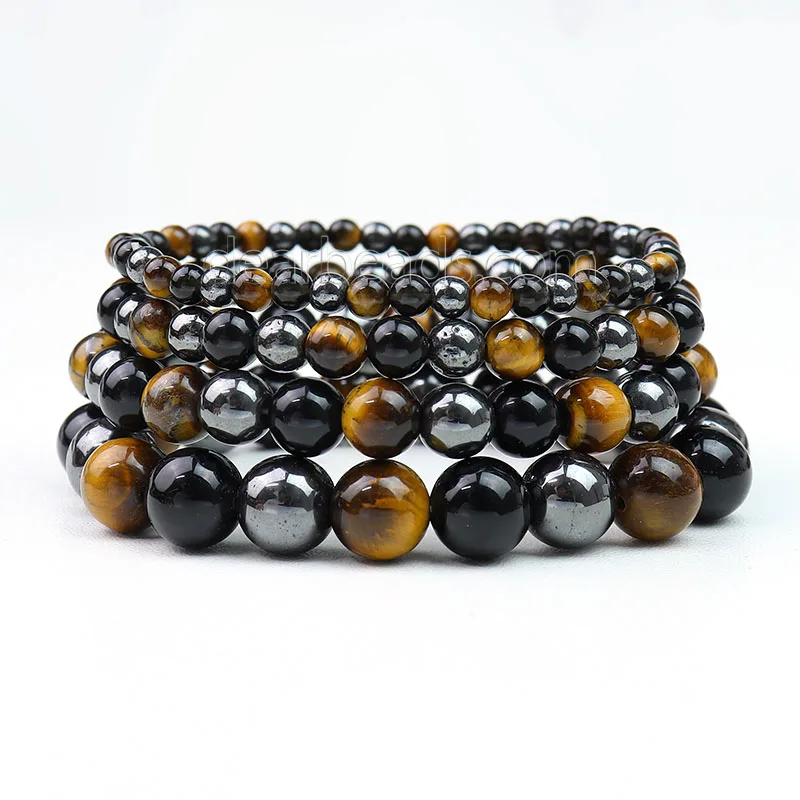 Natural Healing Triple Protection Bracelet Genuine Hematite Tiger Eye Black Obsidian Gemstoe Crystal Bracelets for Men Women