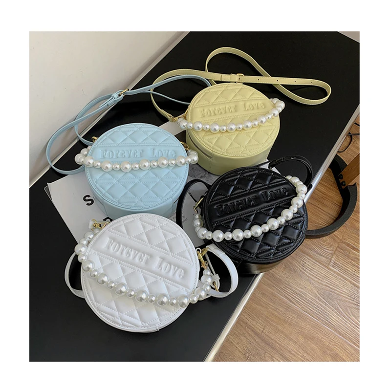

Mini Double Zipper Round Handbags Diamond Plaid PU Leather Women Messenger Bags Women Luxury Pearl Chain Letter Handbag Purses