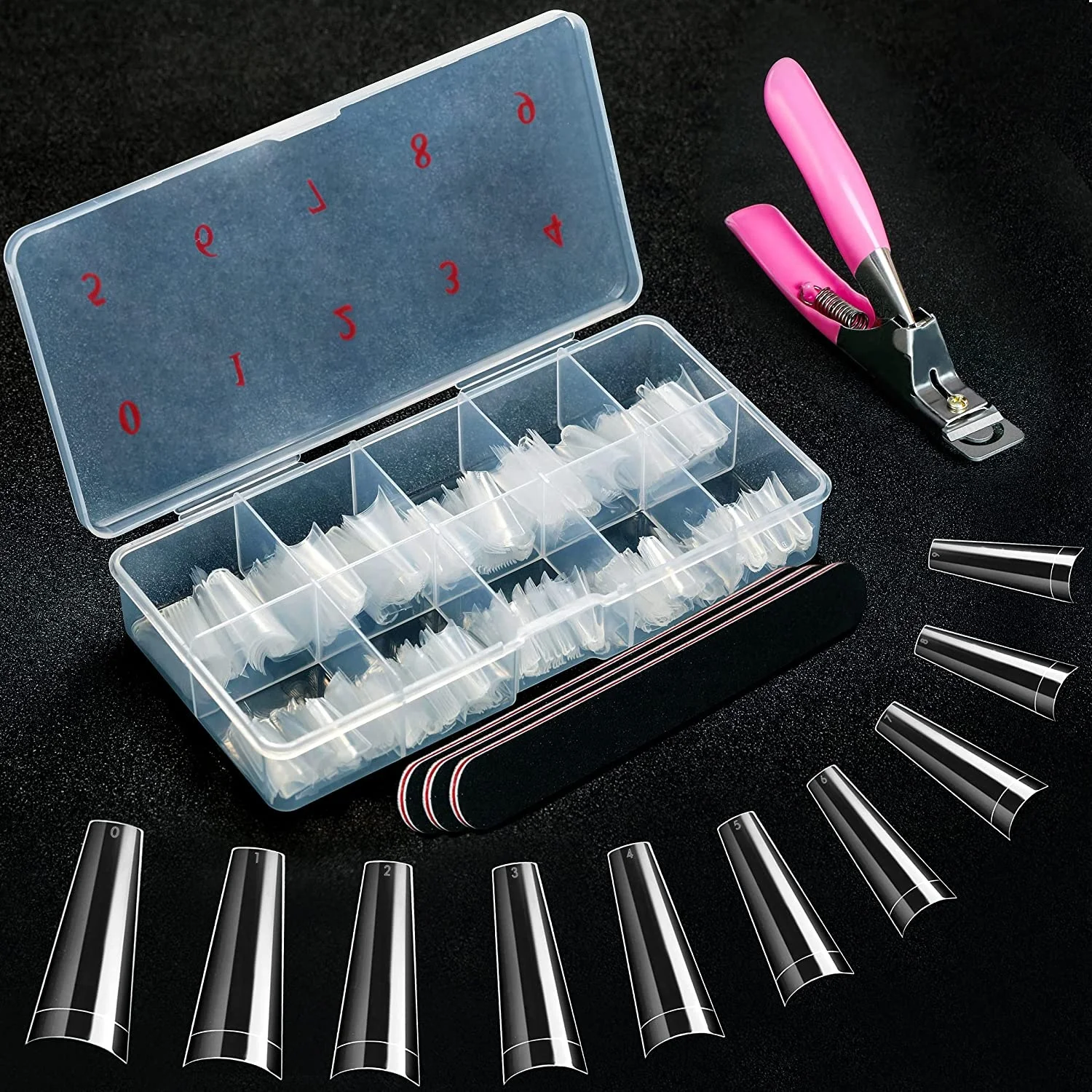 

550pc/Box Nail File Clipper Ballerina ClearHalf Cover XL False Nails with 10 Sizes Box No C Curve Coffin Nail Tip Tool Set, Picture