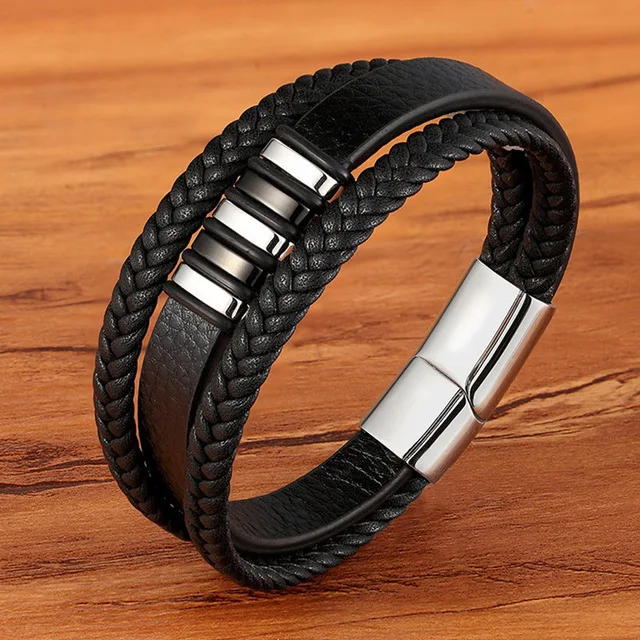 

Fashion Stainless Steel Charm Magnetic Black Men Bracelet Leather Genuine Braided Punk Rock Bangles Jewelry Accessories Friend