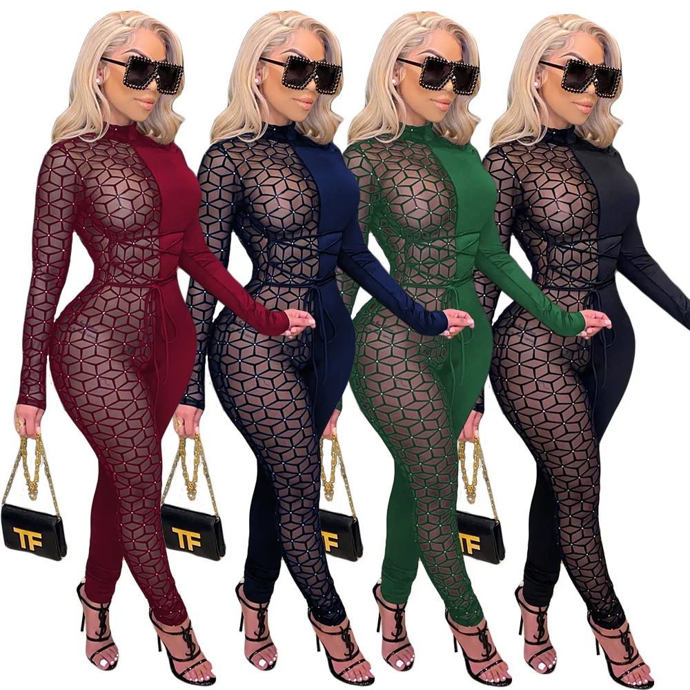 

L403 Good Quality Mesh Pannel Ladies African Print Jumpsuits Female One Piece Jumpsuits Summer