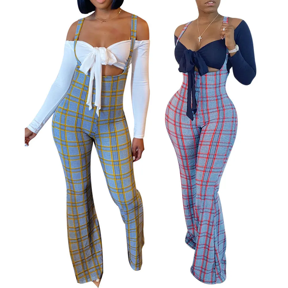 

20715-MX10 Flare Jumpsuits Print 2020 2 Piece Plaid Casual Women Full Length Strapless Polyester 1-3 Days 2 Colors Sehe Fashion