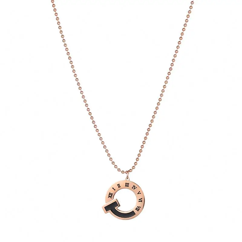 

Ladies Vintage Rose Gold Plated Stainless Steel Roman Number Black Color Pendant Necklace, Rose gold color