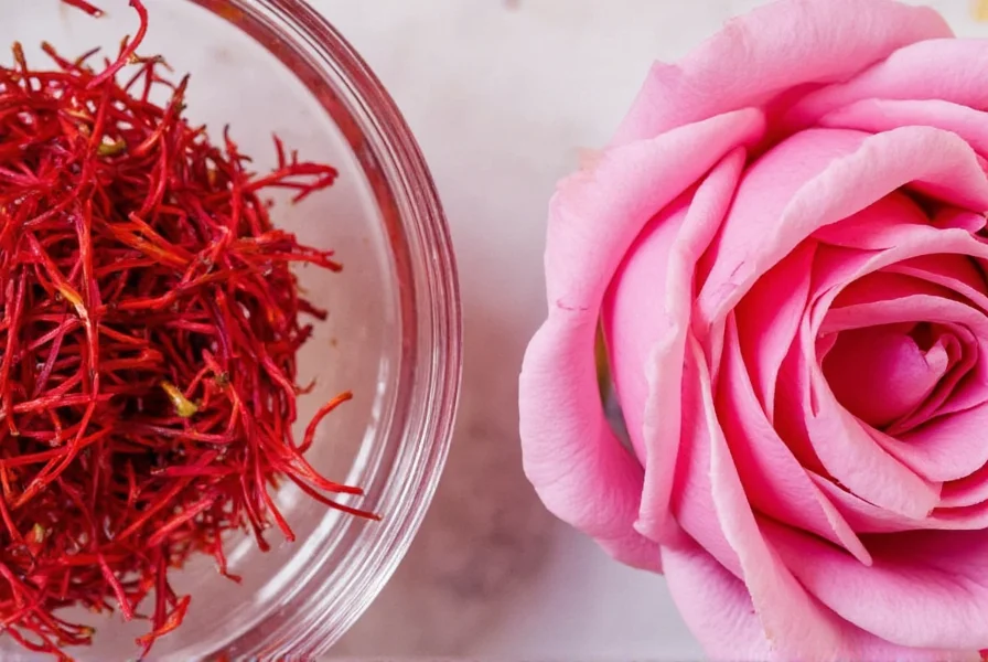 Close-up of saffron threads and rose petals showing proper quality characteristics for culinary use