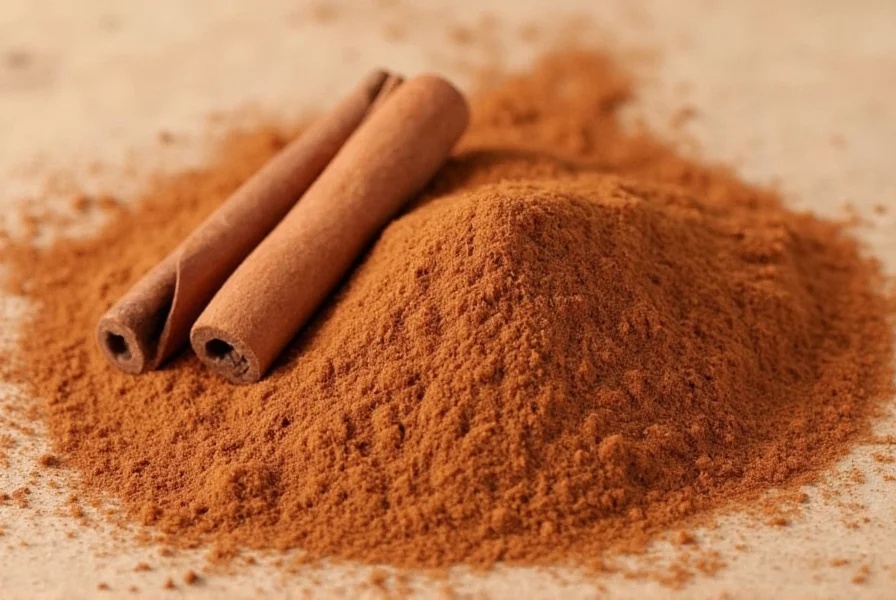 Close-up of cinnamon sticks and ground cinnamon with measuring spoons showing teaspoon measurement