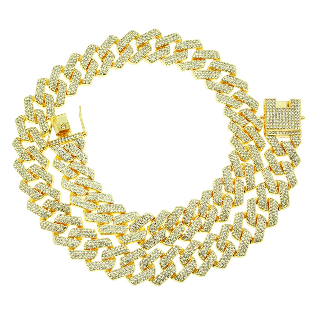 

20mm Luxury 18K Real Gold Plated Full Diamond Cuban Chain Necklace Hip Hops Rhombus Link Chain Necklace For Men Jewelry