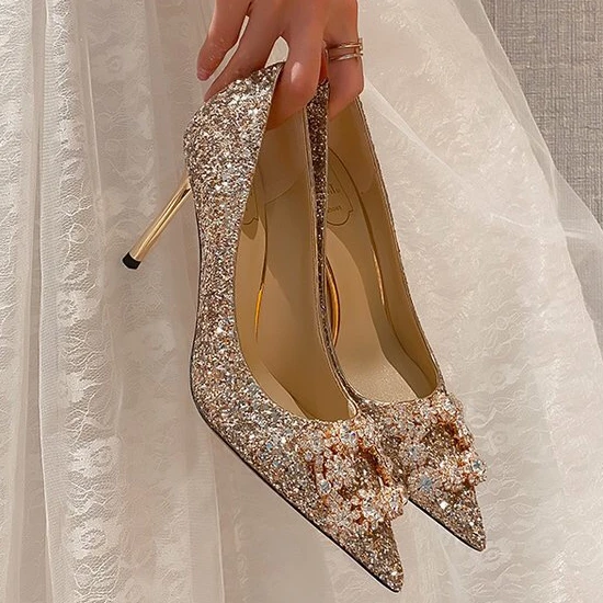 

Golden sequined crystal shoes sexy and elegant high-heeled shoes with diamond buckle decorative high-heeled shoes