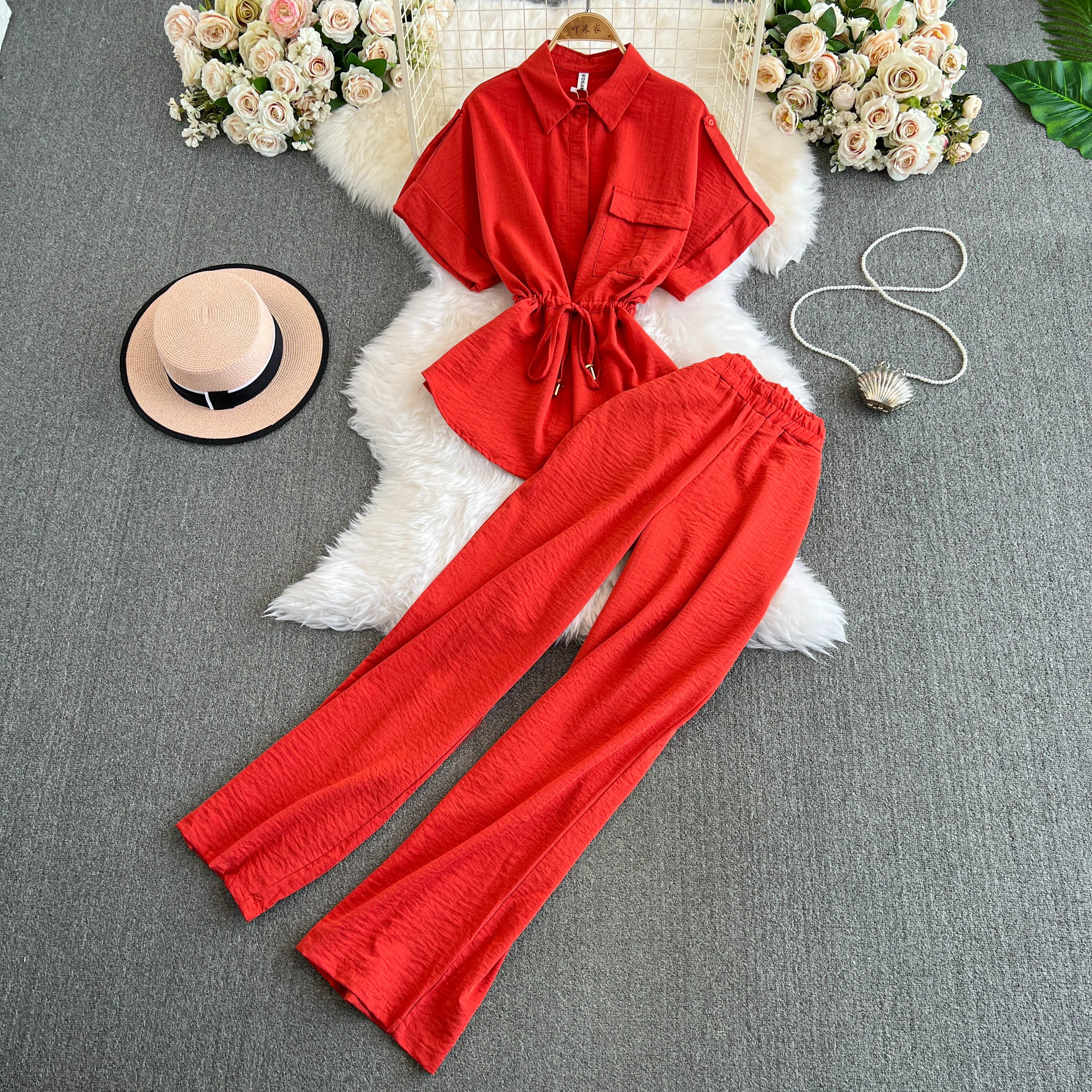 Korean Style Waist Cinching Shirt Wide Leg Trousers Set