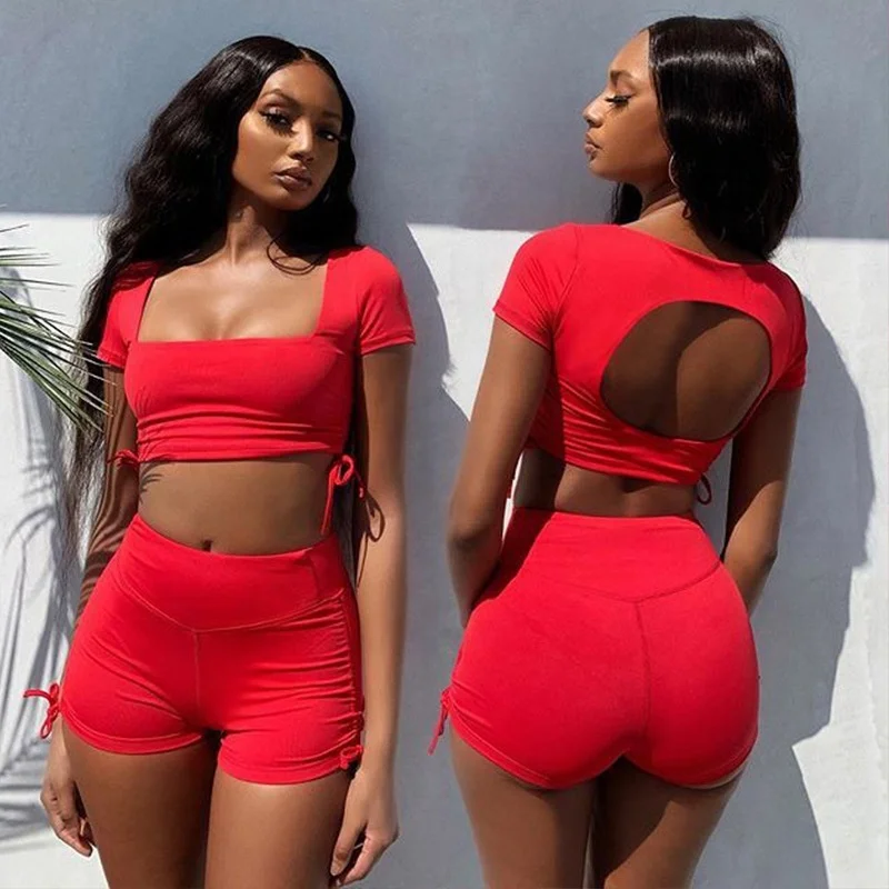 

Two piece set women workout yoga fitness set solid short sleeve crop top and shorts set