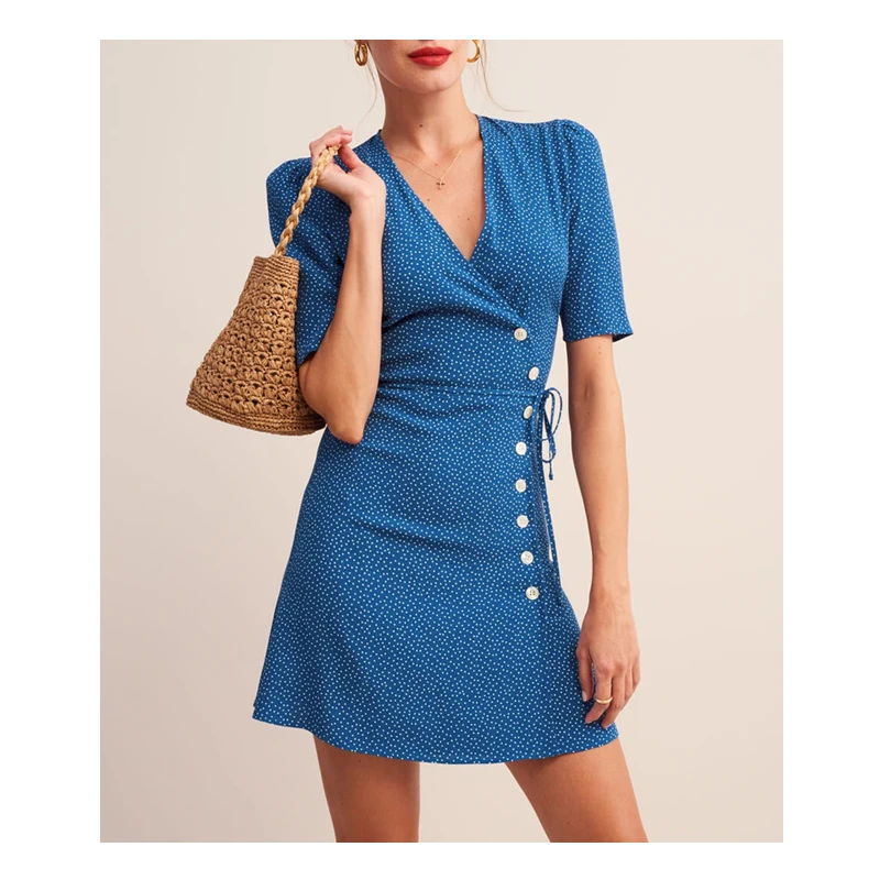 

Button up short sleeve polka dot mini wrap dress elegant lady's casual daily clothes, Green, navy, purple