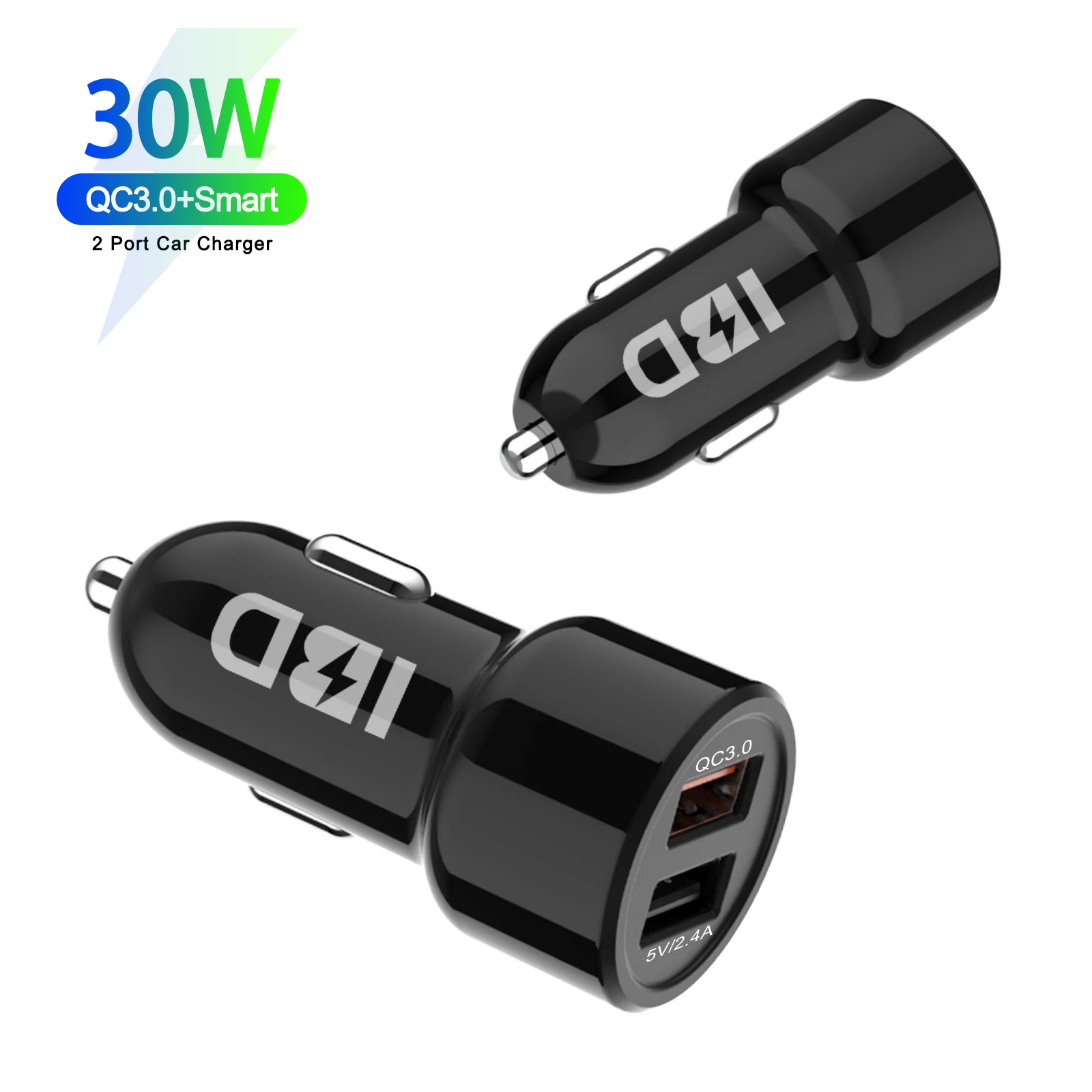 

IBD QC 3.0 Car charging accessories Dual Usb Car Charger Adapter 2 usb Port 3.1A Smart Car charger, Black white