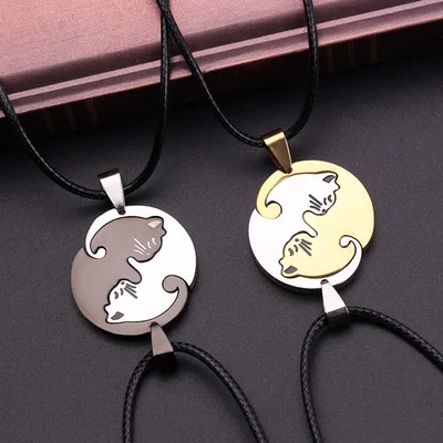 

Black Rope Love Choker Gold Plated Stainless steel Jewelry mens Girls friendship Enamel Cat Pendant Couple Necklace For Lovers, As picture shows