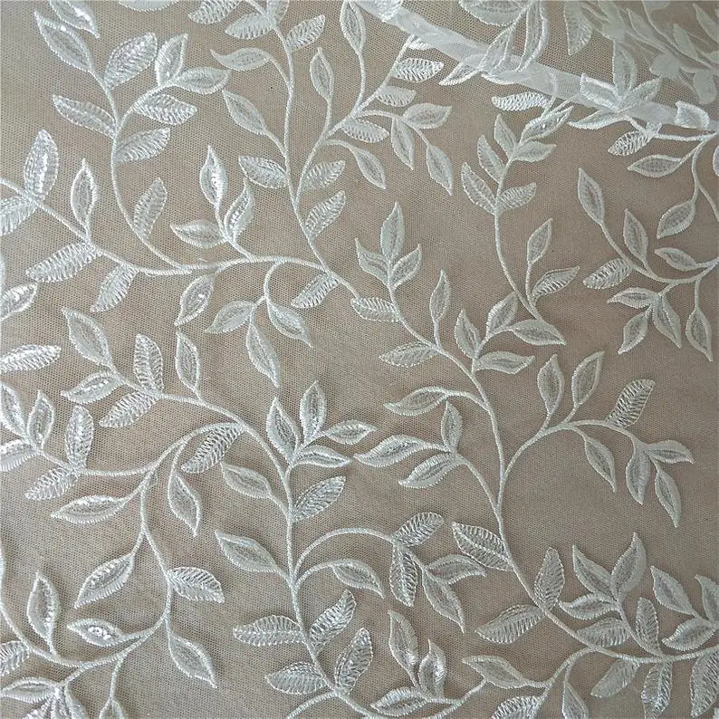 

Illusion leaf lace fabric in ivory, beautiful tulle embroidery fabric, bridal lace fabric, wedding lace fabric by yard