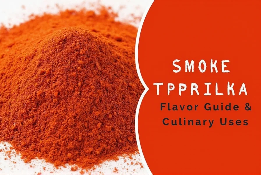 Close-up of vibrant red smoke paprika powder in a wooden spoon with whole smoked peppers in background
