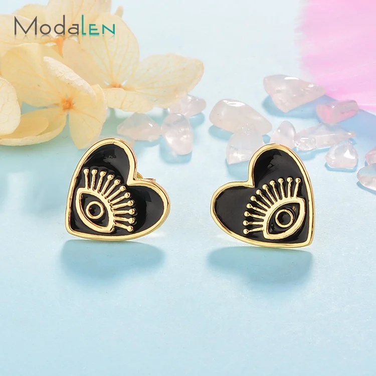 

Modalen Stainless Steel Turkish Evil Blue Eye Black Enamel Heart Shape Stud Earring, 18k gold earrings