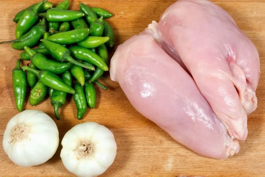 Frische grüne Chilischoten, Zwiebeln, Knoblauch und Hähnchenschenkel auf Schneidebrett