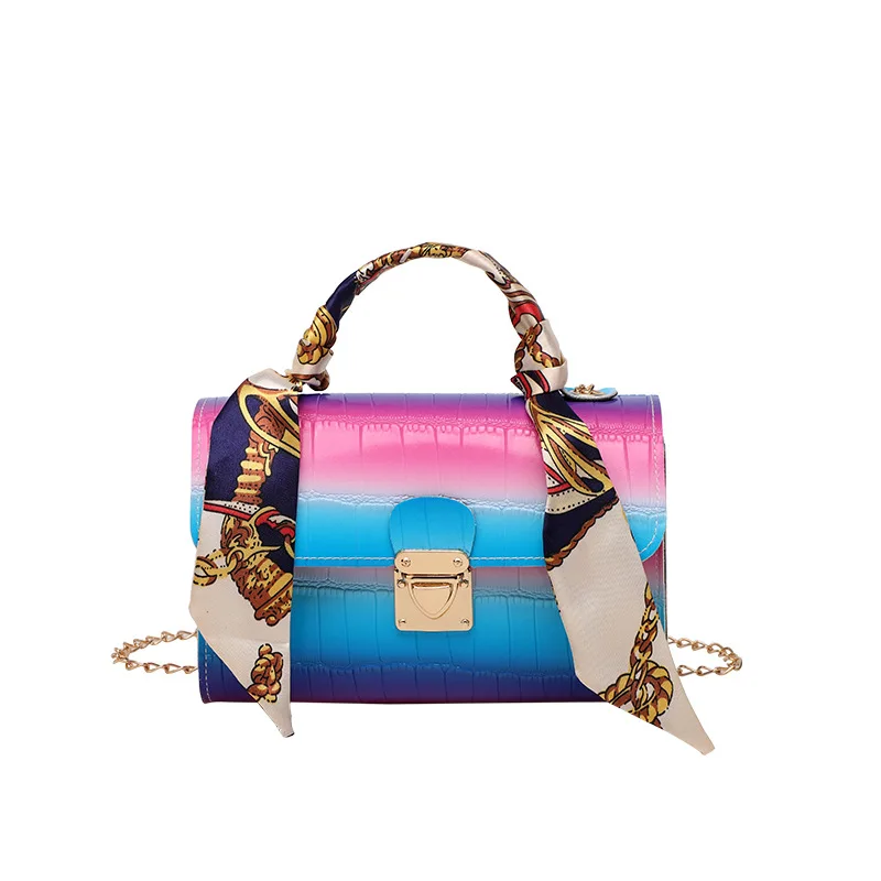 

Bag female 2021 summer new rainbow gradual change small square bag silk scarf portable one shoulder bag, Black