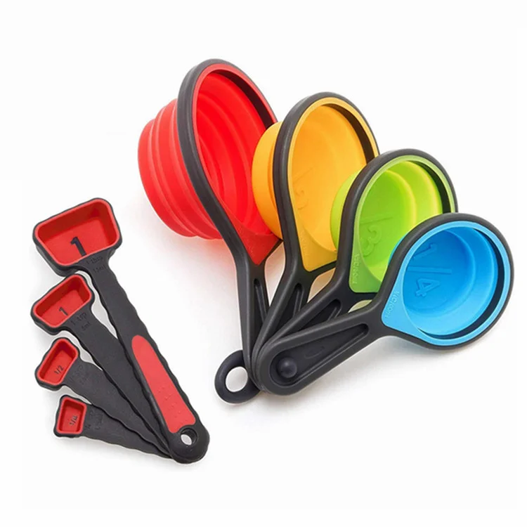 

BPA Free Silicone Measuring Cups and Spoons Set Heat Resistant Foldable Engraved Metric Cups and Spoons Set, Customized color