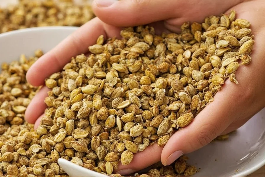 Hand grinding cardamom seeds in a mortar and pestle