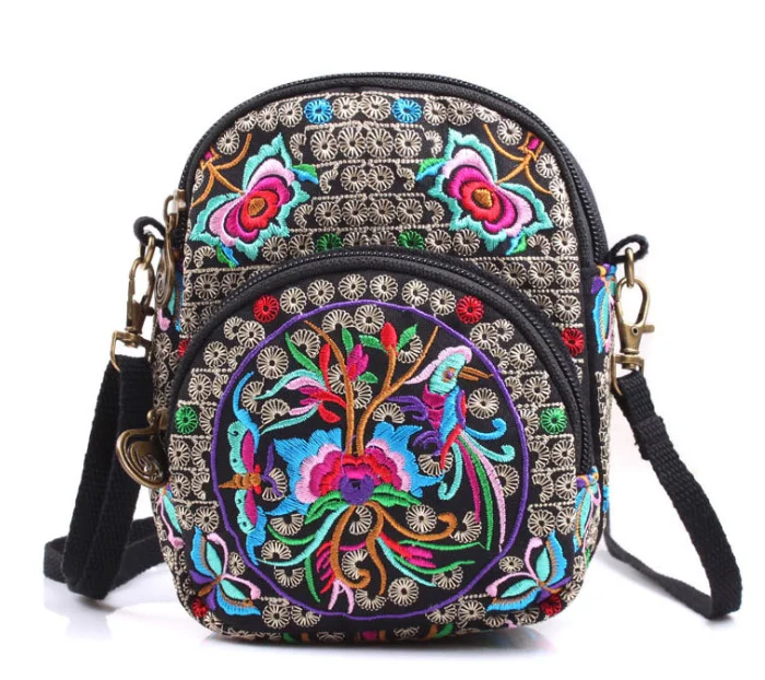 

Embroidered mini messenger bag 5.5 inch mobile phone bag coin purse, Black