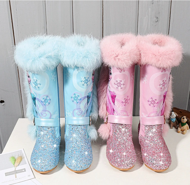 

RTS Froze warm PU leather sequin fur water-proof elsa princess boot Winter girls high-heeled velvet snow baby cotton boots, Patchwork color