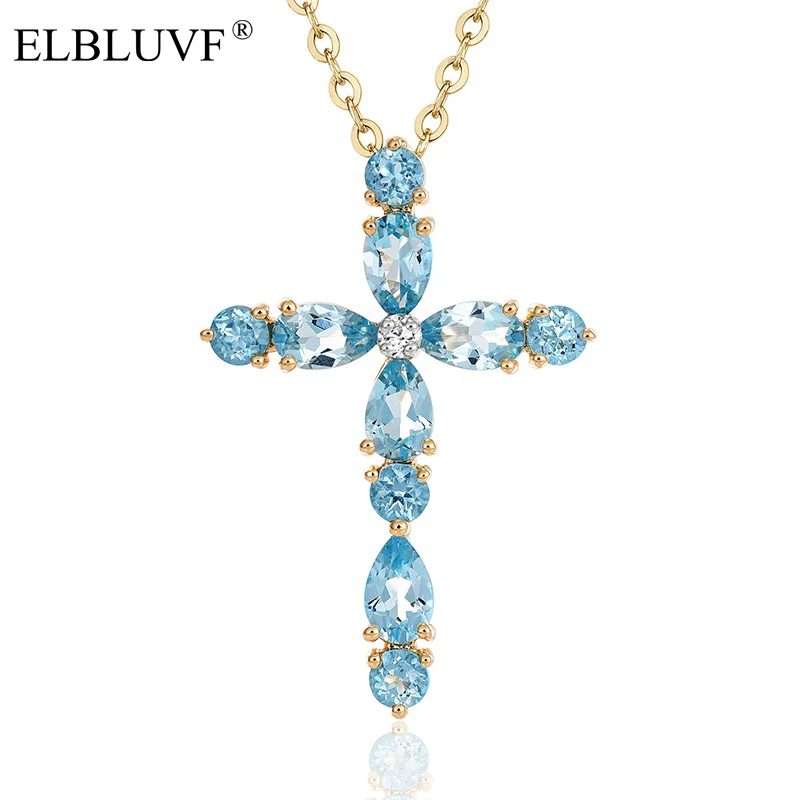 

ELBLUVF Free Shipping Copper Gold Plated Blue Zircon Religious Jesus Cross Pendant Necklace For Women