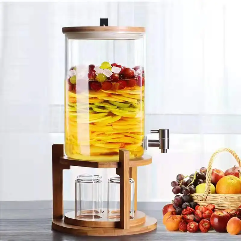 

Hot sale high borosilicate glass dispenser and container with wooden tray and metal tap, Transparent