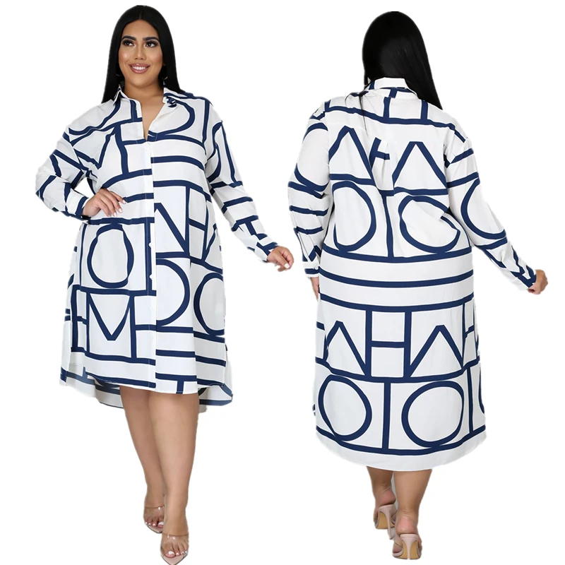 

Autumn Women Turn Down Collar fashion Printed Long Sleeve Drawstring Women Casual loose Shirt Midi Dress, 3colors