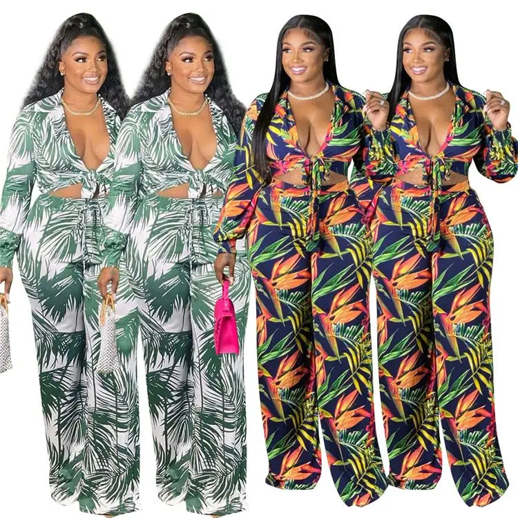 

Lowest Price Plus Size Women Two Piece Pants Set Leaves Printed Women Crop Top Set Long Sleeves Top And Pants For Gilrs