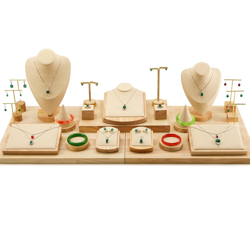 

SUNDO Wholesale price jewellery display for store cabinet necklace ring display props wooden bamboo jewelry display set, Green or custom