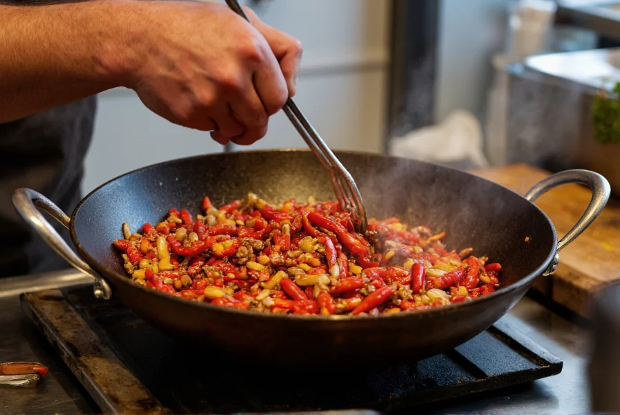 Chef preparing traditional Sichuan dish with visible dried red chilies and Sichuan peppercorns in wok