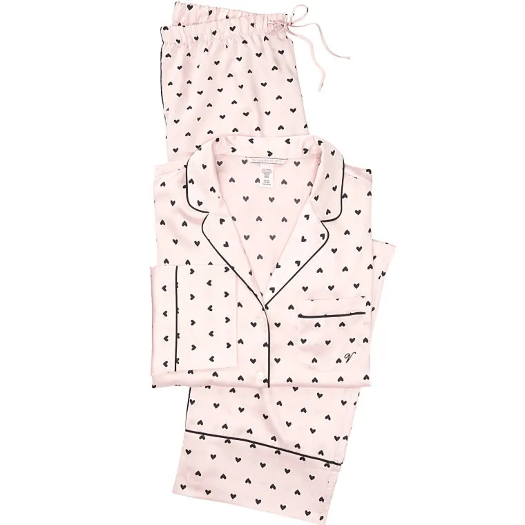 

Light Pink ground heart print long sleeve 2piece set women night sleepwear satin sleepwear set, Can do customized color