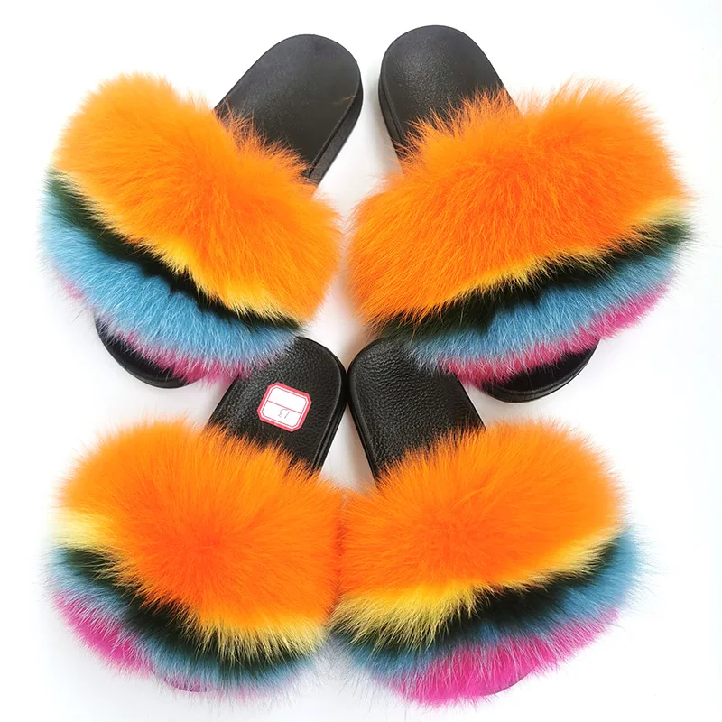 

Women Baby Kids Sandals Colorful Rainbow Fluffy Fur Slippers Sets Mommy And Me Fur Slides, Multi color or custom