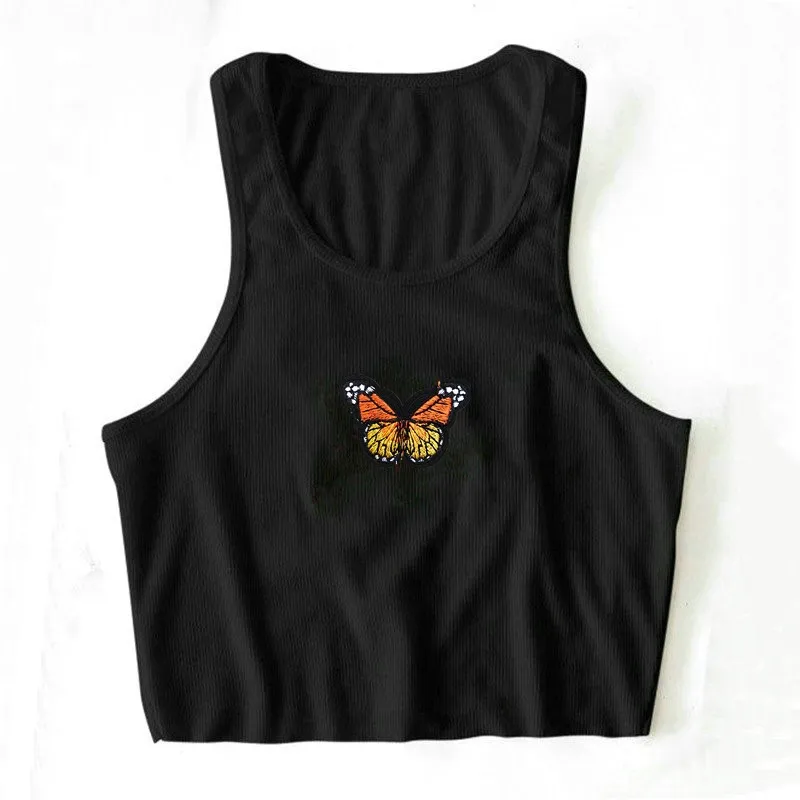 

LXY Women's Summer Tank Top Butterfly Embroidered Short Slim Fit Cropped Navel Sleeveless Top