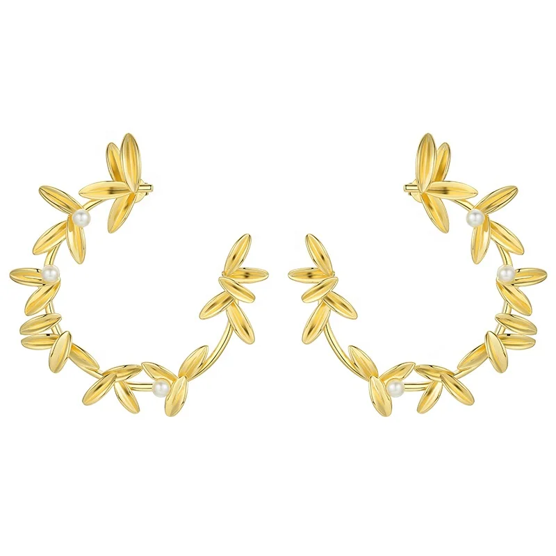 

18K Gold Plated Brass Jewelry Big U Shape Olive Branch Leaf Pearl For Women Statement Flower Hoop Earrings EC191072