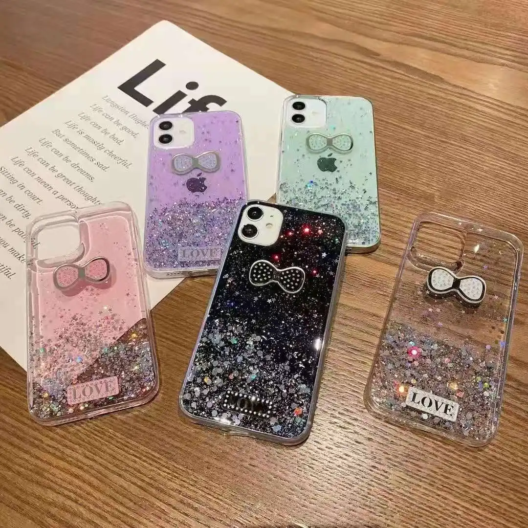 

Xiaoman waist anti-fall air cushion Epoxy bronzing rhinestone bow suitable for iPhone12promax mobile phone case, Multiple colors