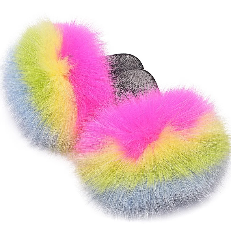 

Soft Fluffy Real Raccoon Fur Sandals Kids Slides colorful Baby Fur Slippers, Customized color