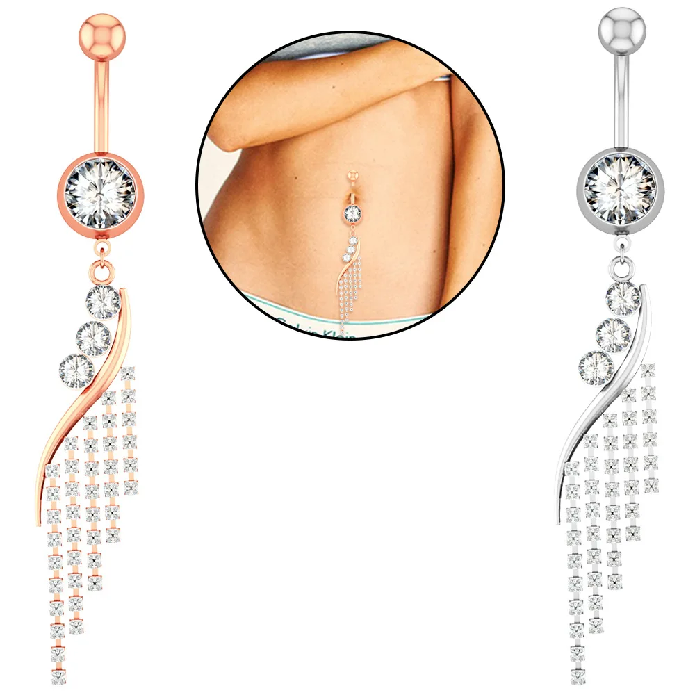 

BBR-100 Fashion Shiny Crystal Belly Button Rings Piercing Rose Gold Plated Tassel Navel Ring For Sexy Girls, As show picture