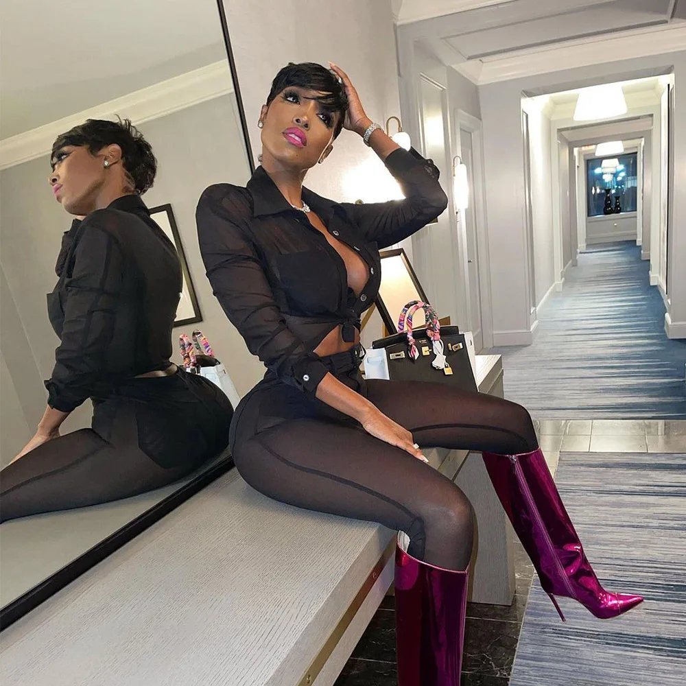 

P21022 - pants and top mesh solid long sleeve two piece set women clothing