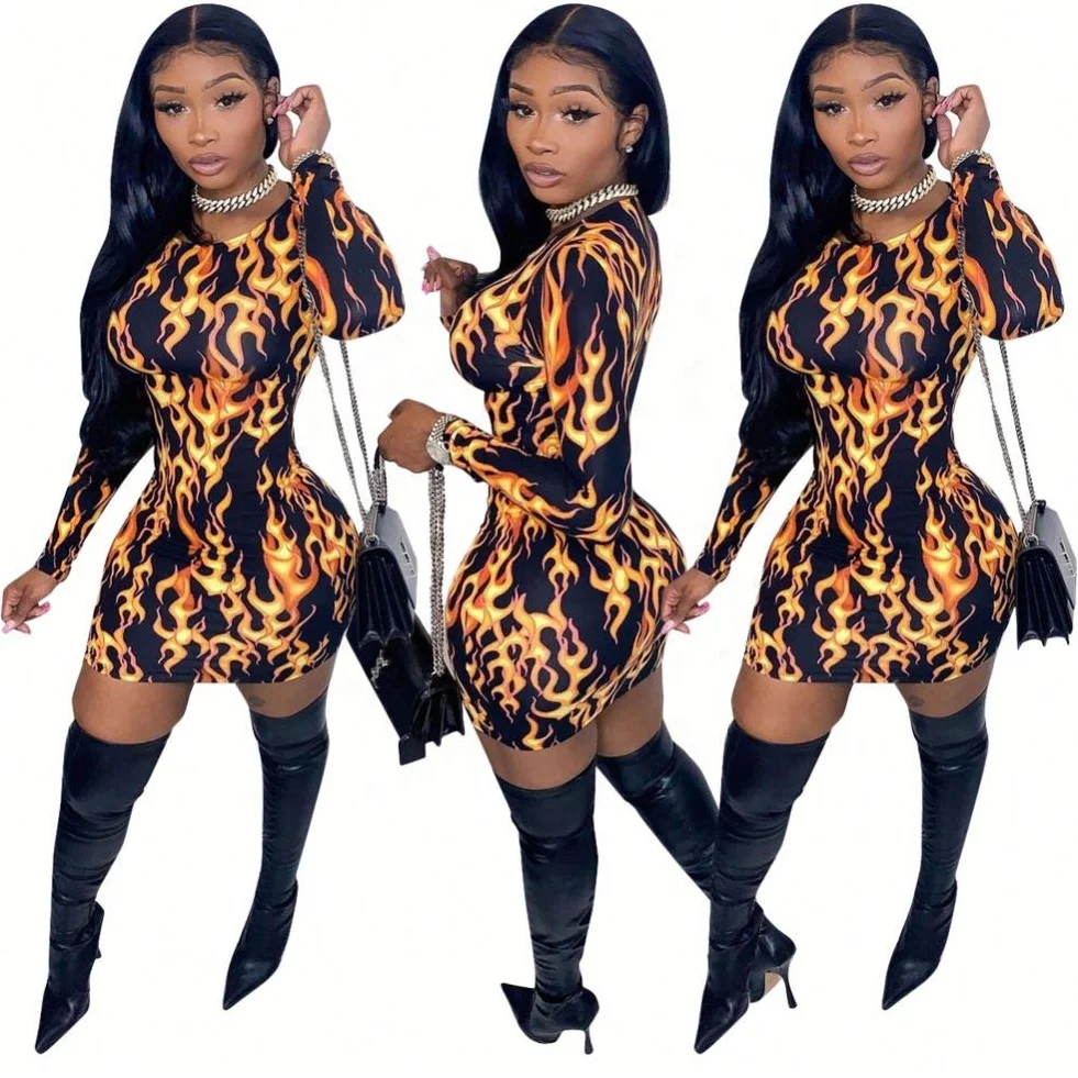 

2021 sexy fashion tight flame print dress Women's European and American mini dress ladies, Black