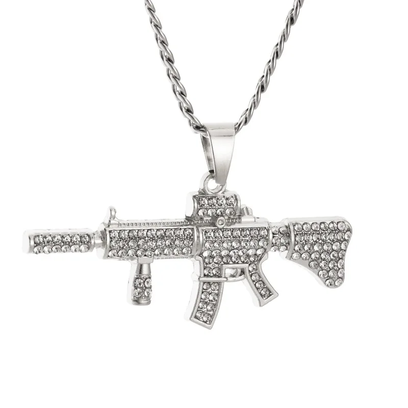 

Hip Hop Jewelry Men Women Bar Silver Iced Out Diamond Uzi Machine Gun Pendant Necklace//, Picture shows