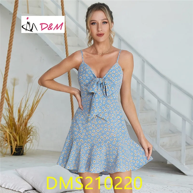 

D&M Women Clothing Factory Summer Women Casual Floral Print V-neck Bow Front Mini Pretty Dress Sexy Backless Beach Dress, Shown,or customized color,provide color swatches