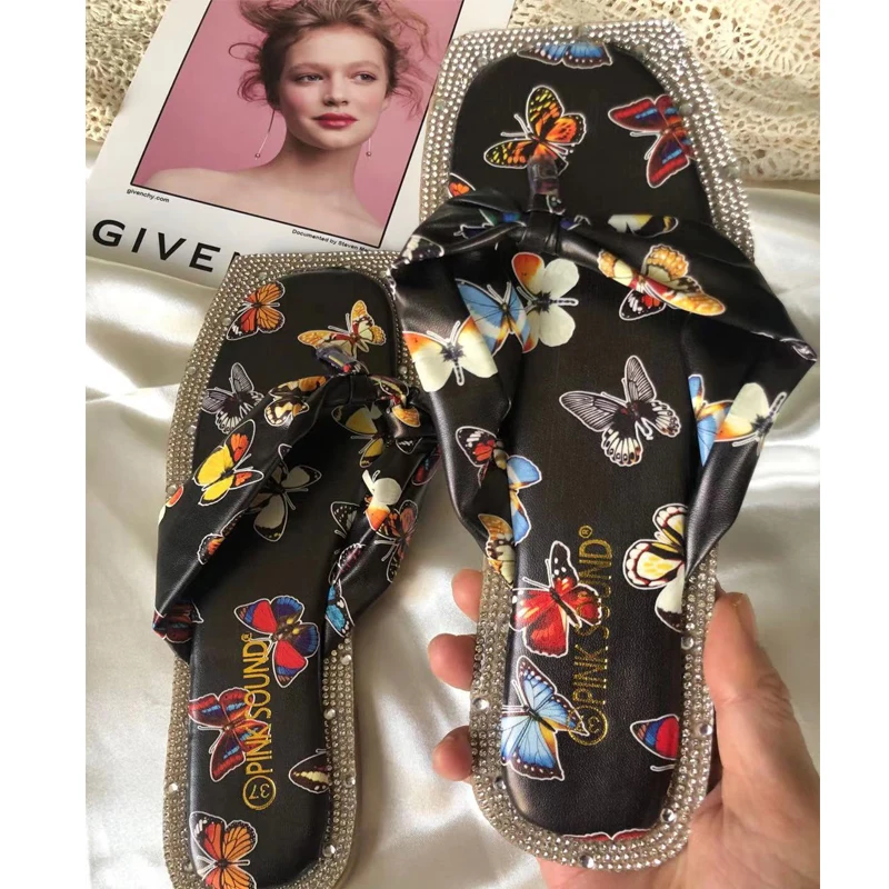 

JANHE 2021 Design Female Butterfly Print Diamond Rhinestone Square Ladies Flat Slippers And Sandals Shoes, 2 colours