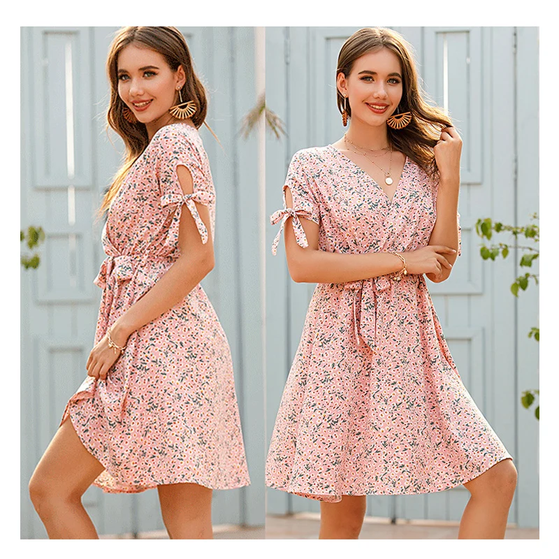 

New Design Hot Selling Women Clothing Summer Floral Print V Neck Casual Dress Short Sleeve Skater Dresses Womens, Shown,or customized color,provide color swatches